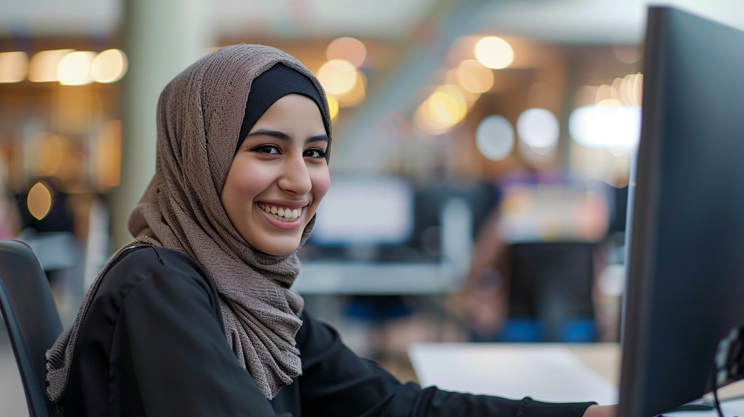 Jonge vrouw met hoofddoek glimlacht achter een computer in een moderne kantooromgeving.