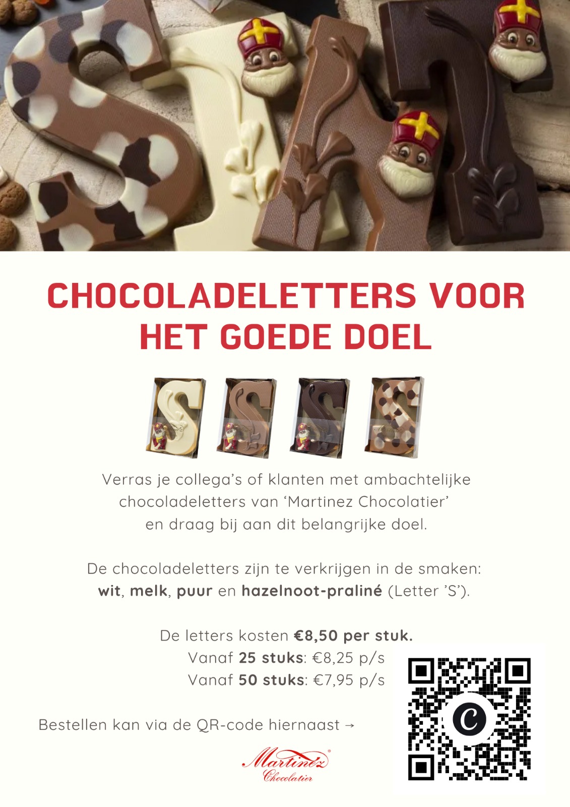 Tweede flyerblad met vier chocoladeletters in wit, melk, puur en gevlekte chocolade, de prijzen en een QR-code om te bestellen