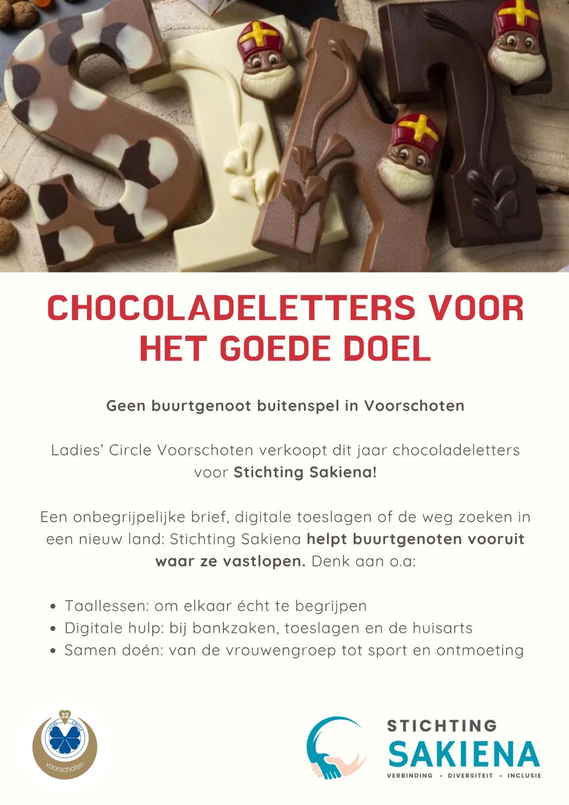 Flyer van Ladies' Circle 32 Voorschoten met chocoladeletters bovenaan en de tekst Chocoladeletters voor het goede doel
